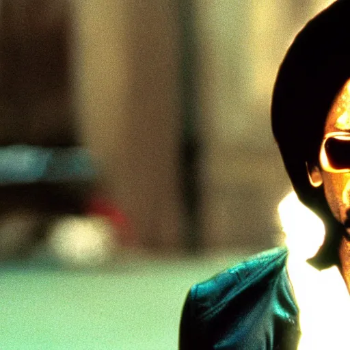 Image similar to a film still of Katt Williams starring in The Matrix (1999), close up, shallow depth of field