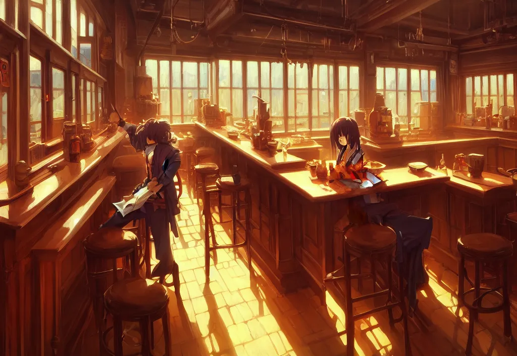 Image similar to a small empty saloon counter, intricate oil painting, high detail illustration, sharp high detail, manga and anime 1 9 9 9, official fanart behance hd artstation by jesper ejsing and makoto shinkai, 4 k,