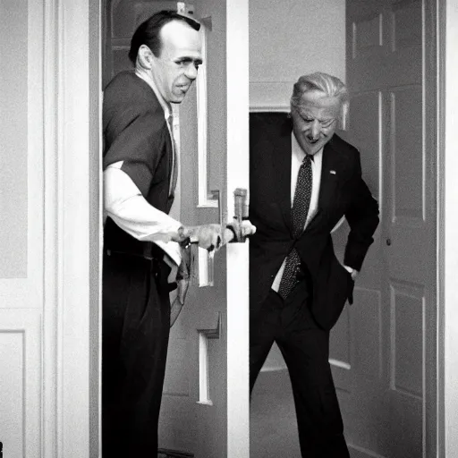 Image similar to Joe Biden breaking down door with axe in the movie the Shining