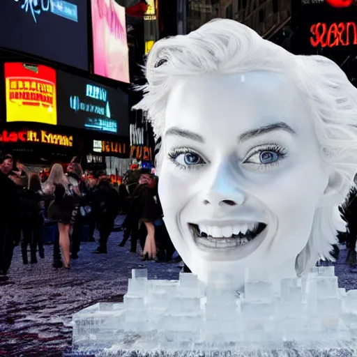 Image similar to margot robbie ice sculpture in times square, photorealistic, 8 k resolution, high detail