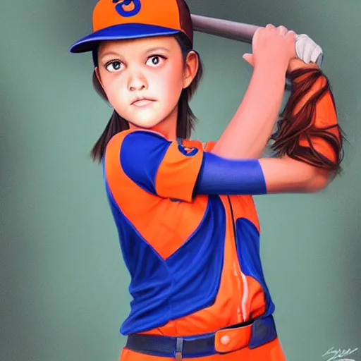 Prompt: A young girl with orange eyes wearing an orange baseball uniform, matte painting by Artgerm