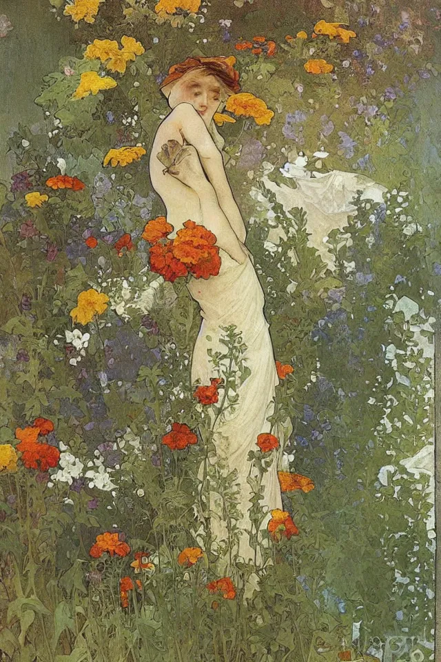 Image similar to atmospheric fresco texture painting of a garden full of ferns, marigold flowers by alphonse mucha