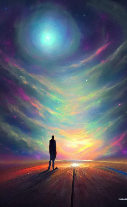 Image similar to Meeting God in the universe, digital art, trending on art station