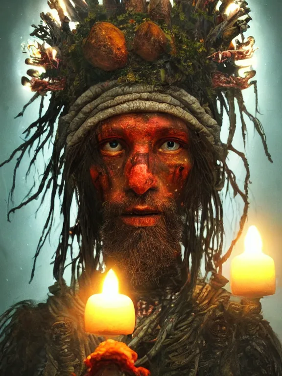 Image similar to fine painting of a death shaman from an ancient culture with mushrooms growing from his body, candlelight, 8 k, ultra realistic, lens flare, atmosphere, glow, detailed, intricate, full of colour, cinematic lighting, trending on artstation, 4 k, hyperrealistic, focused, extreme details, unreal engine 5, cinematic, masterpiece