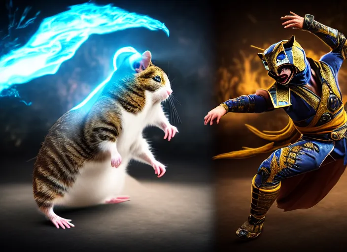 Image similar to hamster dressed as sub zero fights a cat dressed as scorpion in mortal kombat on the background of a laughing shao khan. fantasy magic style. highly detailed 8 k. intricate. lifelike. soft light. sony a 7 r iv 5 5 mm. unreal engine with nanite and path tracing