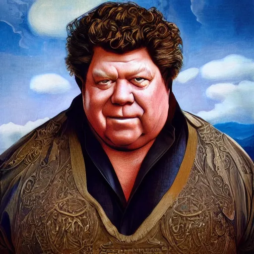 Image similar to amazing artgerm portrait of george wendt as a preraphaelite painting, collaboration with j. scott campbell and artgerm with edward burn jones