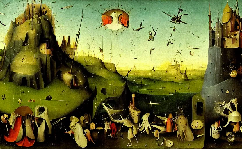 Prompt: A mysterious land by Hieronymus Bosch