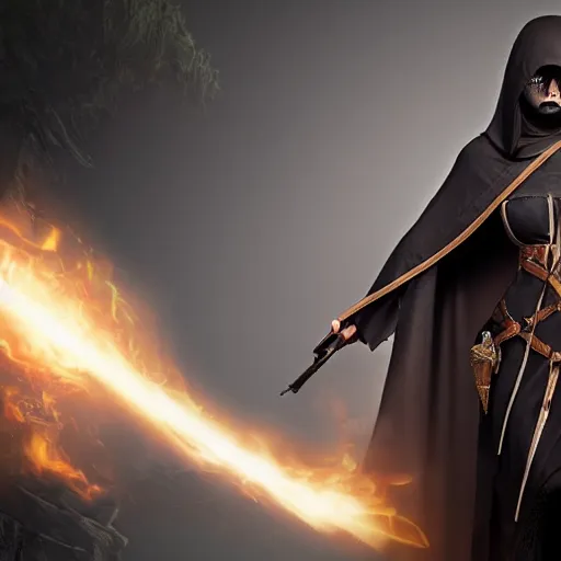 Prompt: Female assassin in dark robes, face obscure, reaper