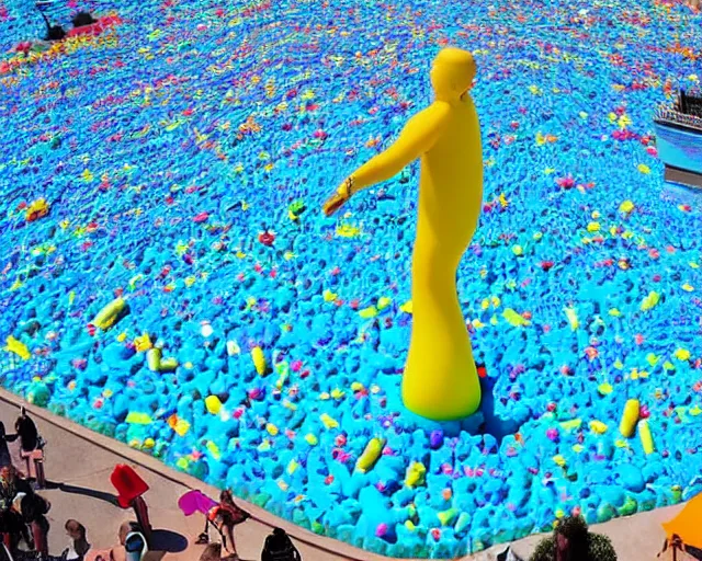 Prompt: a long shot of a giant award winning sculpture made out of thousands of inflatable pool toys in the shape of a realistic human head on the surface of the ocean, in the style of chad knight, hyper detailed, hyper realistic, ray tracing, 8 k resolution, sharp focus, realistic water