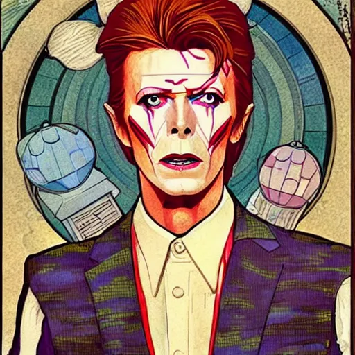 Prompt: david bowie as dr who, mucha style,