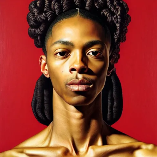 Prompt: A portrait of a skinny modern and stunning non-binary person, medium skin tone, Mexican, oil painting by Kehinde Wiley, majestic, detailed, high resolution