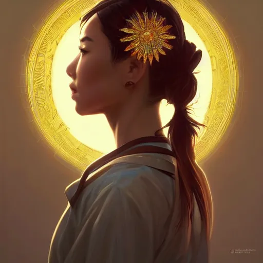 Image similar to asian sun goddess wearing modern clothing, sundress, ponytails, slice of life, modern instagram influencer, highly detailed, digital painting, artstation, concept art, sharp focus, illustration, cinematic lighting, art by artgerm and greg rutkowski and alphonse mucha