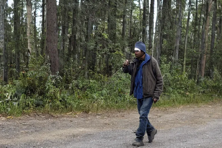 Image similar to a man named jorge robbing a gas station in a the forest