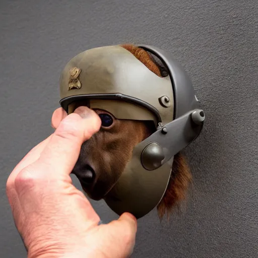 Prompt: hunting trophy bison head in vr helmet nailed to the wall,