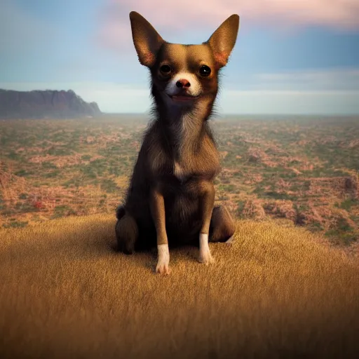 Image similar to chihuahua standing on a hill looking like a lion but it's a chihuahua, highly realistic digital art, 4 k, raytracing