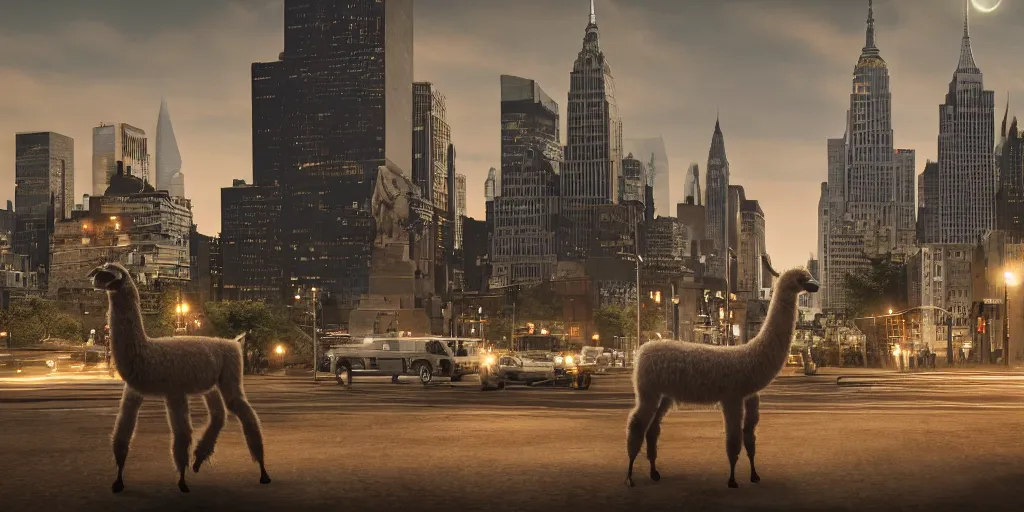 Image similar to a llama walking through a desolate manhattan city street at night, statue of liberty seen in the background, realistic 4 k octane beautifully detailed render, 4 k post - processing, highly detailed, intricate complexity, epic composition, magical atmosphere, cinematic lighting, masterpiece, ultra hd