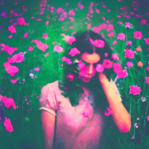 Prompt: oversaturated, burned, light leak, expired film, photo of a girl crying surrounded by flowers