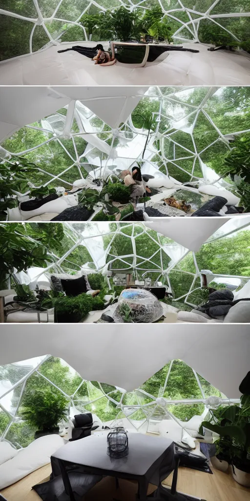 Prompt: inside an inflatable organic geodesic home. The inflatable fabric is translucent white with black stitching. A tall living room and kitchen. The walls bulge with the inflated pressure. The mesh fabric has a strong texture. The inflatable geodesic has a cellular geometry. On the floor of the living room is a hydroponic garden. A family is eating breakfast at a table. Architectural photography. Unreal engine, 4K, 8k. Volumetric Lighting