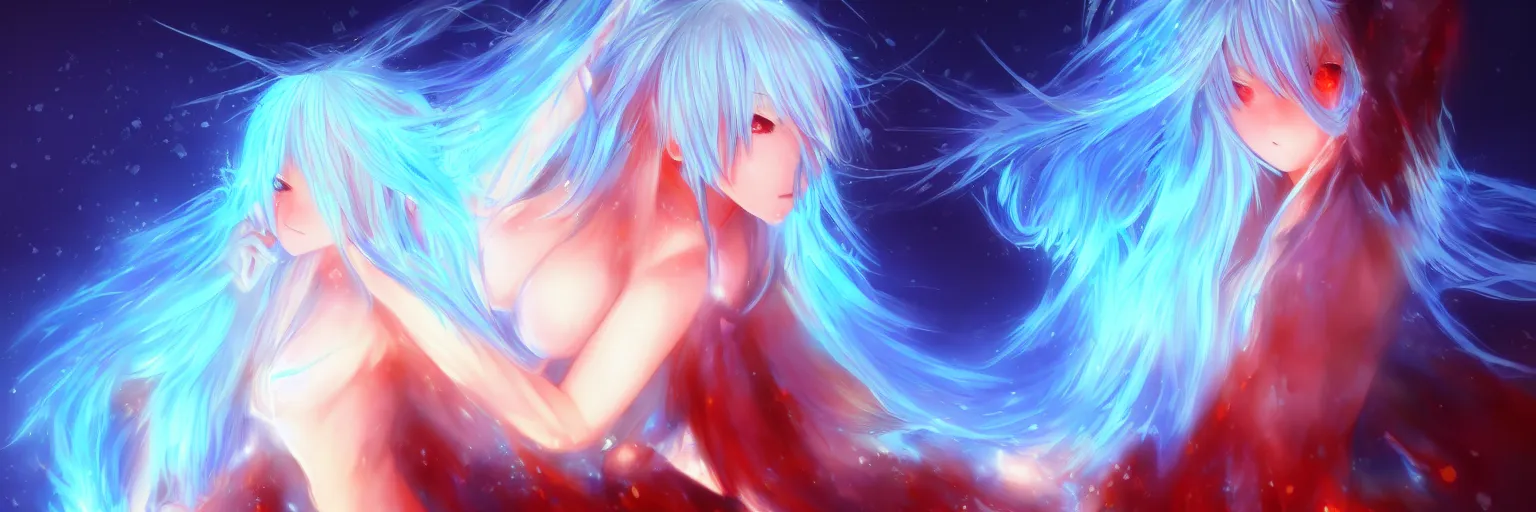 Image similar to advanced digital anime art, a very cute gorgeous teenage girl with a body made of fire and ice , full body, very long snow colored hair, sky blue highlights in hair, red fiery watery eyes, full round face, dramatic cinematic lighting, wideshot, highly intricately detailed, trending on pixiv, Artstation,