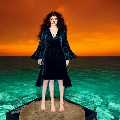 Prompt: lorde with a velvet crown and black gown standing on a raised translucent platform in the middle of the sea, night time with milky way in the sky. cinematic, 3 5 mm film, sharpness, nostalgic and melancholic 4 k, 8 k