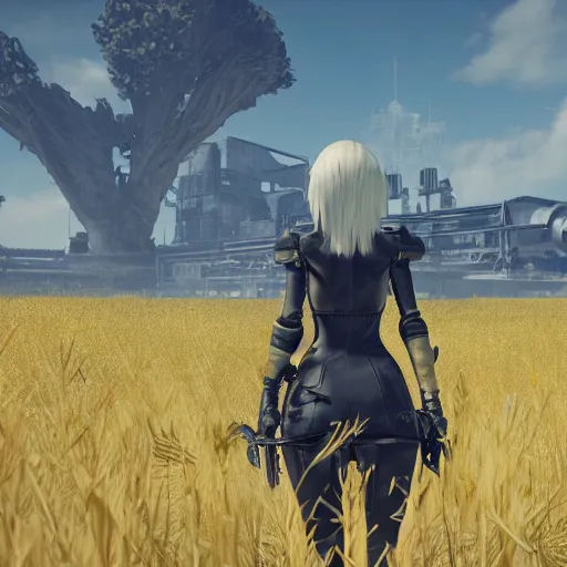 Image similar to a high resolution very detailed image of a 2 in russian tank boss fight from nier : automata in yellow rye field under pure blue skies