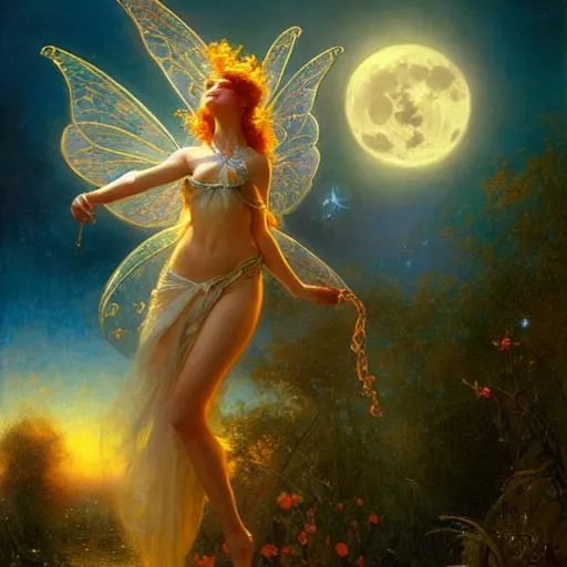 Image similar to attractive fairy magically floating high in the night, fantasy, full moon in background. highly detailed painting by gaston bussiere, craig mullins, j. c. leyendecker, mid shot, 8 k