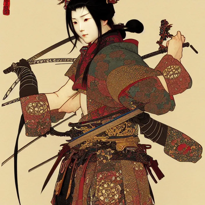 Prompt: anthropomorphic samurai bear cyborg, fantasy, intricate, highly detailed, lifelike, photorealistic, digital painting, artstation, illustration, concept art, smooth, sharp focus, art by alphonse mucha and kitagawa utamaro and ogata korin and aya takano