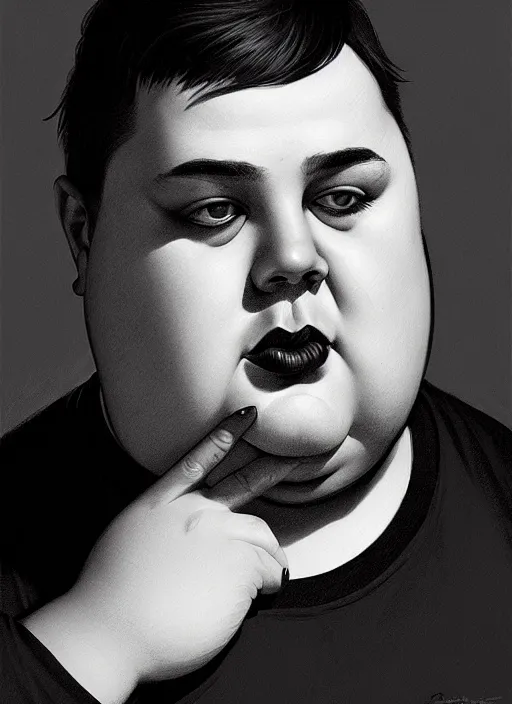 Image similar to portrait of a chubby man with a crooked nose and a confident expression, 1 9 6 0 s, black clothes, goth, punk, funk, intricate, elegant, highly detailed, digital painting, artstation, concept art, smooth, sharp focus, illustration, art by wlop, mars ravelo and greg rutkowski