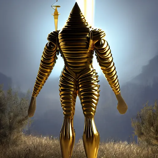 Image similar to a man 4 5 meters tall covered completely with a golden armor, his skin looks like piano keys and can bee seen between the armor, he has wings made of energy in his back, he has a thurible in his hand, he lives in the year 3 0 0 0, unreal engine 5