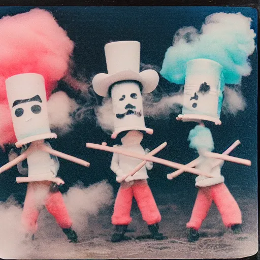 Image similar to polaroid of figures made from cotton candy, smoke and sticks, wearing top hats and huge masks