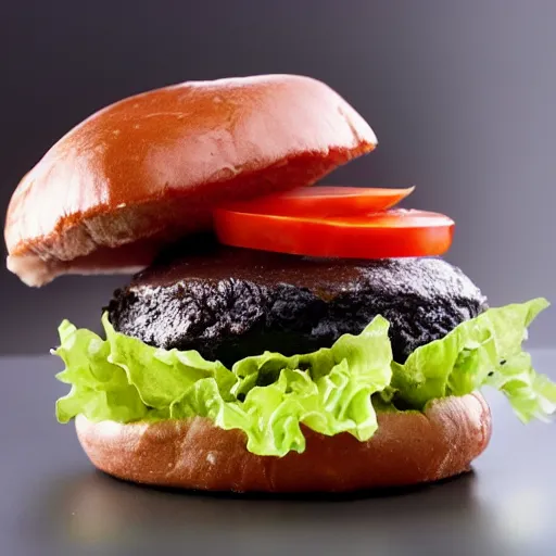 Prompt: a black hamburger, photo