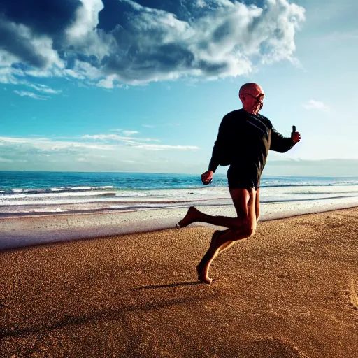 Image similar to Walter White running on the beach, artistic, 8k, cinematic, accurate, symetric, face, dramatic lighting, pastel colours