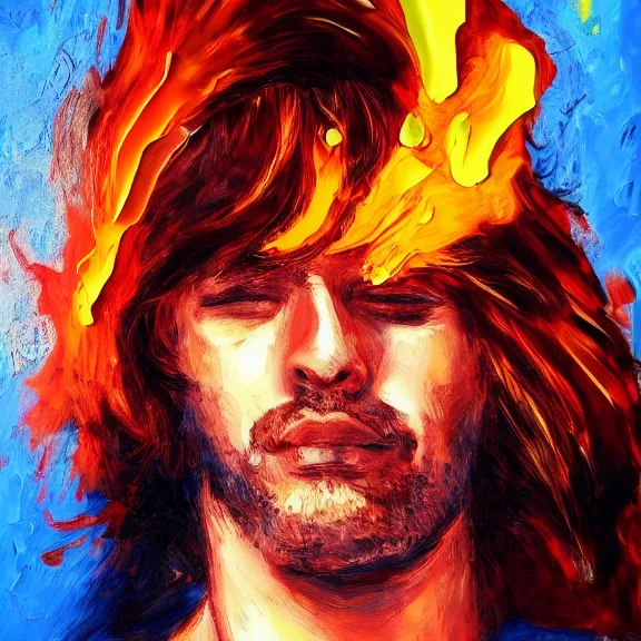 Prompt: abstract painting of man on fire. Handsome. Long hair. portrait. ArtStation. Impressionist