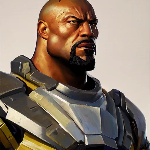 Image similar to greg manchess portrait painting of fully armored bionic the foundation aka dwayne the rock from fortnite as overwatch character, medium shot, asymmetrical, profile picture, organic painting, sunny day, matte painting, bold shapes, hard edges, street art, trending on artstation, by huang guangjian, gil elvgren, ruan jia, greg rutkowski, gaston bussiere