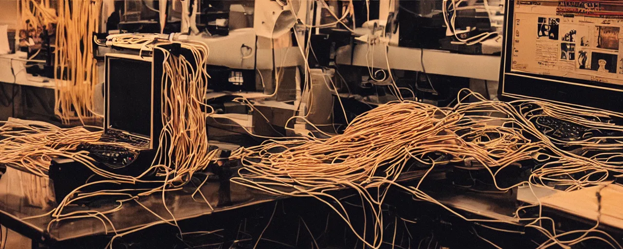 Image similar to a computer made out of spaghetti, inside a blockbuster vieo, cinematic lighting, photography, retro, film, kodachrome