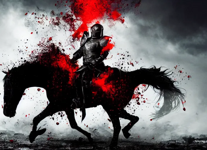 Prompt: a large man in full plate black armor splattered in blood while steaming rising from body, riding a large black horse with red glowing eyes, red shadowy wisps emanating from hair and eyes, blackened clouds cover sky crackling with lightning, rain in the distance, castle in flames and ruins, the ground is dark and cracked,