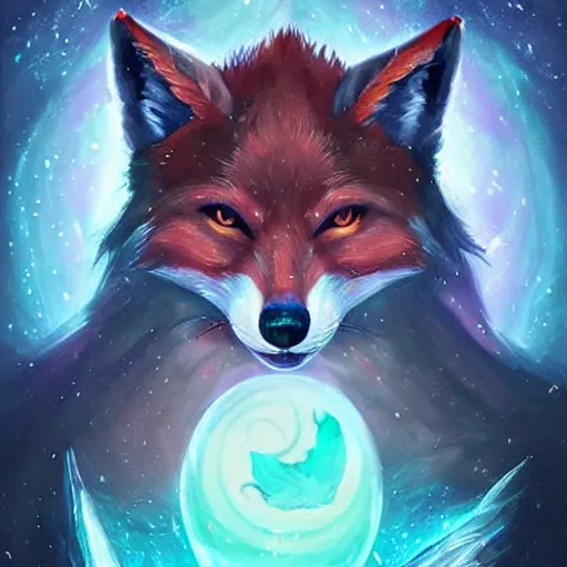 Image similar to a stylized portrait for an avatar of an awesome cosmic powerful anthropomorphic foxfolk mage themed around death and the stars and the cosmos, in the style of dnd beyond avatar portraits, beautiful, artistic, elegant, lens flare, magical, lens flare, nature, realism, stylized, art by jeff easley