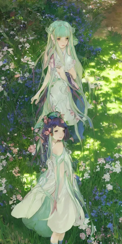 Image similar to a loli with long hair in a dress in the privet garden at after noon, green and warm theme, blue accents, low angle, back lighting, highly detailed, 4 k resolution, trending on art station, by krenz cushart and mucha and akihito yoshida and greg rutkowski