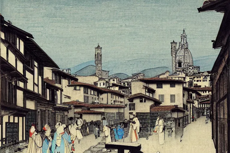 Image similar to florence old street in 1 6 th century with a tower in background by hiroshige utakawa, trending on artstation