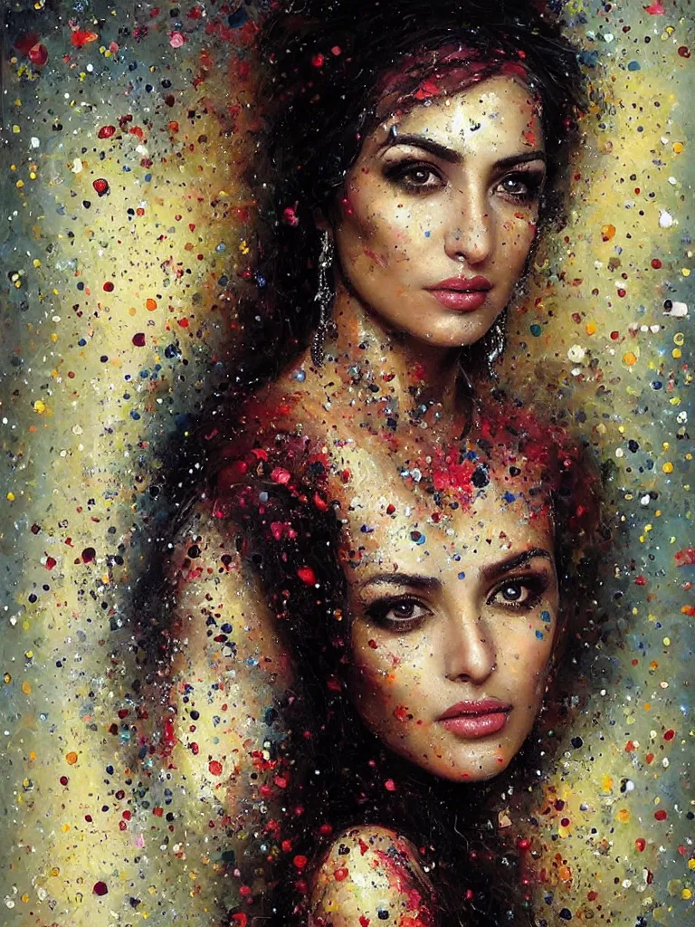 Image similar to “gorgeous elegant splatterpunk portrait of a stunning Armenian woman by Mark Arian, oil on canvas, masterpiece, realism, piercing gaze, autumn bokeh”