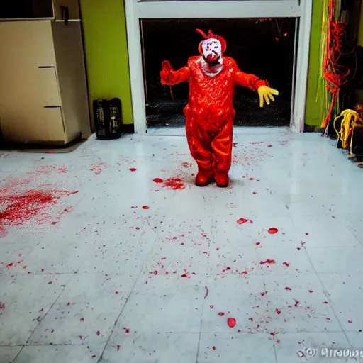 Prompt: a clown on the floor, covered in white slimy fluid Nostromo Alien movie. wide angle photography.