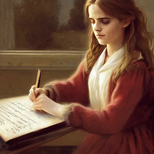 Image similar to Painting of Emma Watson as Hermione Granger as A Girl Writing; The Pet Goldfinch, art by Henriette Browne, extremely detailed, 4K