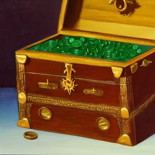 Prompt: A painting of a wooden pirate treasure chest, the chest is open, there are thousands of coins inside and also jewels and a magnificent emerald, oil on canvas