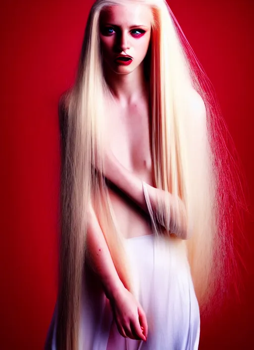 Image similar to kodak color plus 2 0 0 photo portrait of a beautiful woman with long blond hair dressed in long white, fine art photography light painting in style of paolo roversi, professional studio lighting, dark red background, hyper realistic photography, fashion magazine style