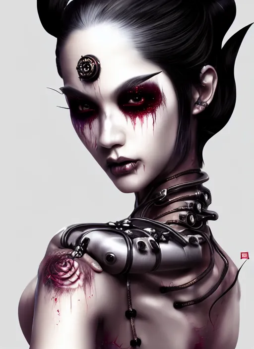 Image similar to soft lustrous ebony geisha seductive raver yakuza gothic cyborg, decay, underworld, dark fantasy, dark art, highly detailed, digital painting, octane render, artstation, concept art, smooth, sharp focus, illustration, art by artgerm, loish, wlop