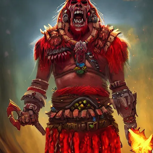 Image similar to red orc shaman, red theme lighting, skull staff, skull garments, battlefield background, in hearthstone art style, epic fantasy style art, fantasy epic digital art, epic fantasy card game art