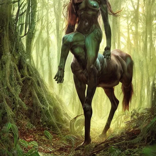 Image similar to centaur trapped in woods, desperate, dark green trimmed clothing, sharp focus, intricate, cinematic lighting, smooth, ultra realistic digital art, high fantasy, elegant, by artgerm, greg rutkowski, alphonse mucha