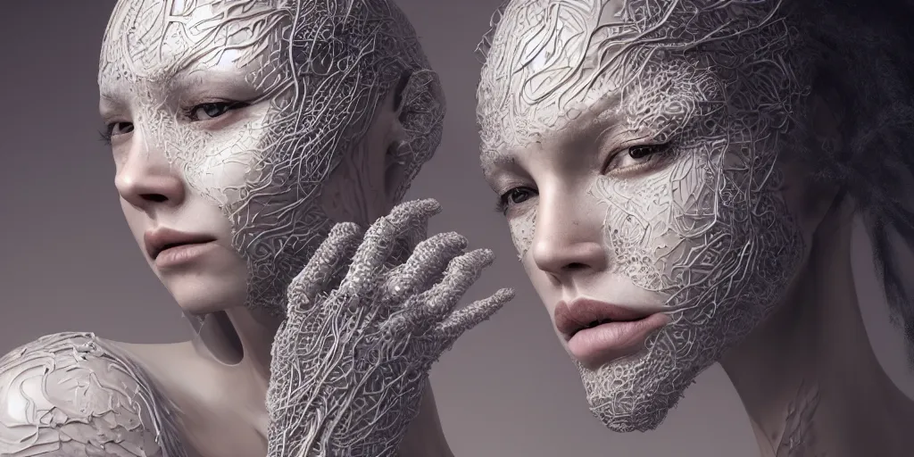 Image similar to realistic photography of a beautiful cyborg androgynous humanoid, hand on chin, holding close, in liquid, intricate filigree, in the style of beth cavener, jin kagetsu, wlop, highly detailed, symmetry, masterpiece, concept art, ringflash, highkey lighting, ambient lighting, octane render, 8 k, artstation