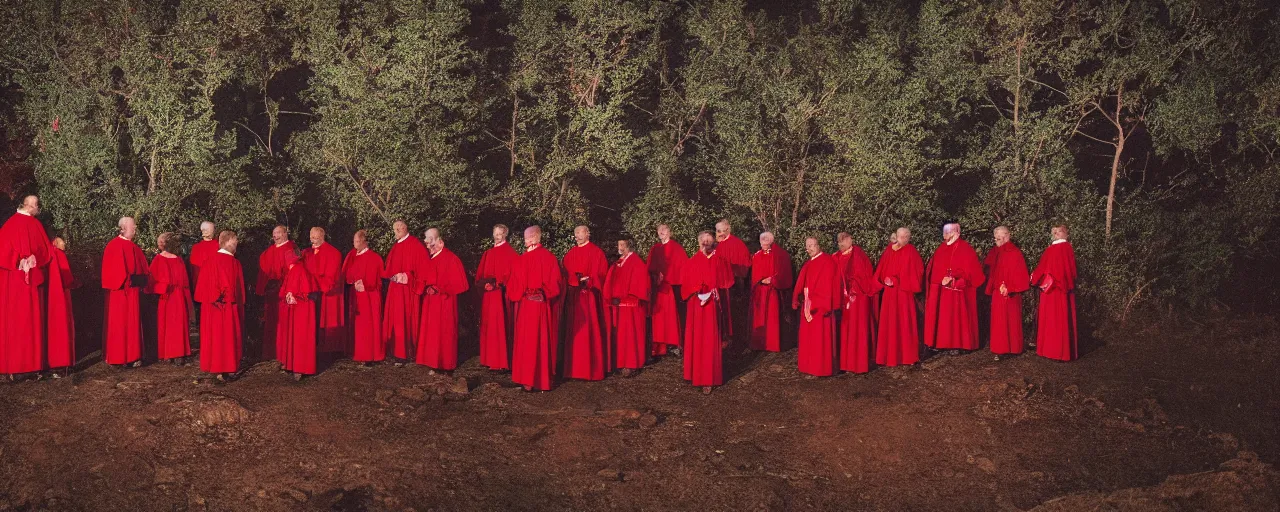 Prompt: a group of priests standing around a forbidden bright red pool on top of a mountain, nighttime, canon 5 0 mm, cinematic lighting, photography, retro, film, kodachrome