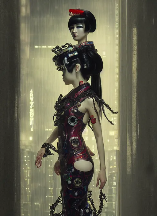 Prompt: portrait of a seductive cyberpunk latex geisha, modern fine art, fractal, in the style of ghosts in the machine, intricate ornaments, elegant, highly detailed, digital photography, subsurface scattering, by greg rutkowski,